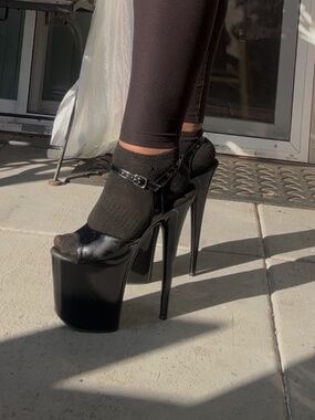 Used well worn Black Sandal Pleaser heels woman’s size 10 , 8 inches